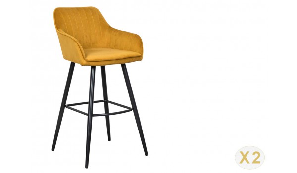 Chaise de bar haute velours jaune moutarde