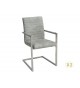 Chaise design tissu gris pierre avec accoudoirs et armature en acier