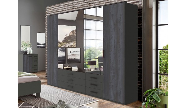 Armoire miroir dressing 5 portes 6 tiroirs