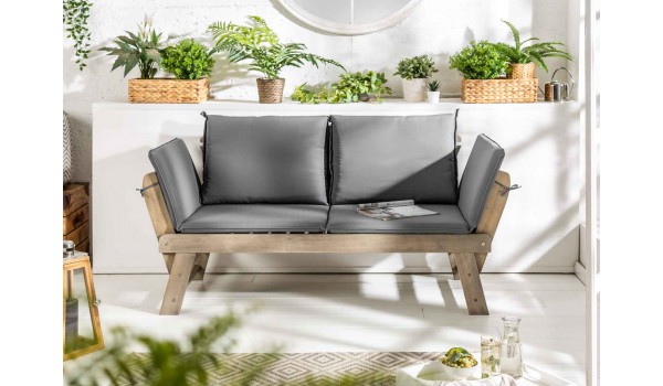 Banc de jardin en bois acacia grisé avec coussin