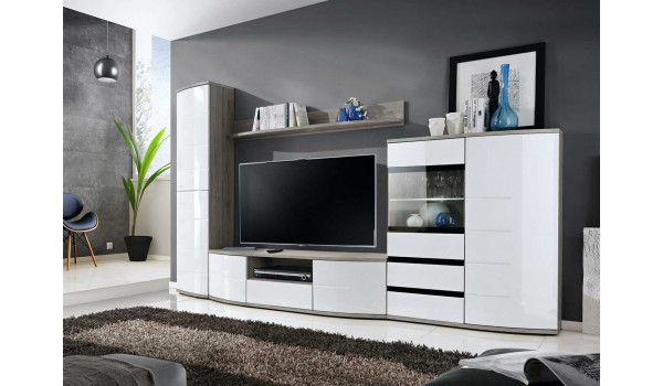Meuble TV Mural Blanc Laqué et Bois