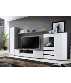 Meuble TV Mural Blanc Laqué et Bois 3m40