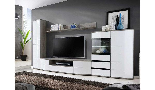 Meuble TV Mural Blanc Laqué et Bois 3m40