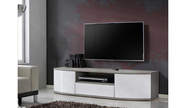 Meuble Bas TV Blanc Laqué et Bois 1m50