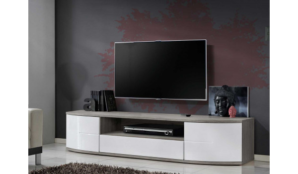 Meuble Tele Bas Blanc Laqué et Bois 1m90