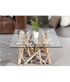 Table basse en verre piétement en bois flotté