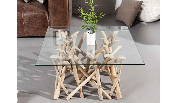 Table basse en verre piétement en bois flotté
