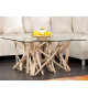 Table basse en verre piétement en bois flotté