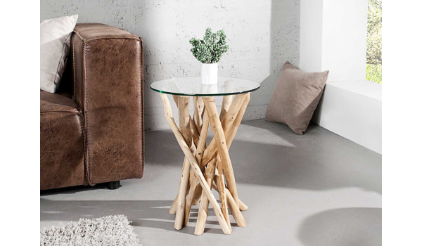 Guéridon en verre piétement en bois flotté