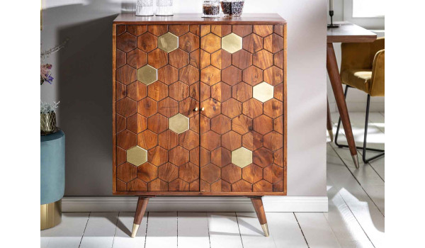 Meuble bar en bois d'acacia brun et déco doré