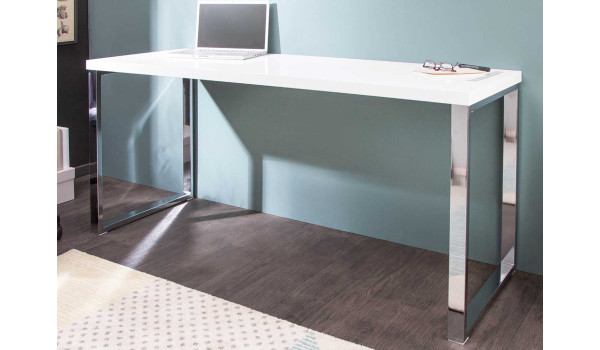 Table bureau blanc brillant et métal chromé