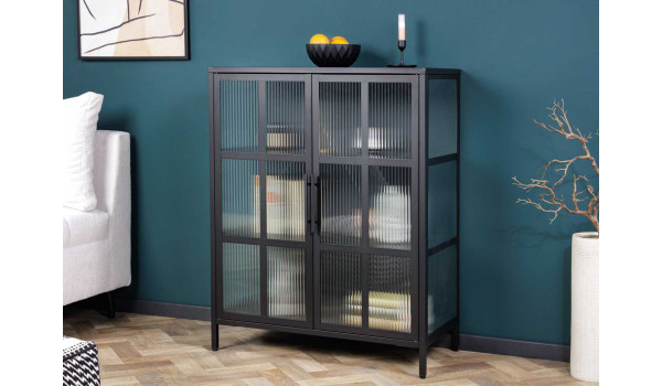 Commode à porte en verre plissée et métal noir