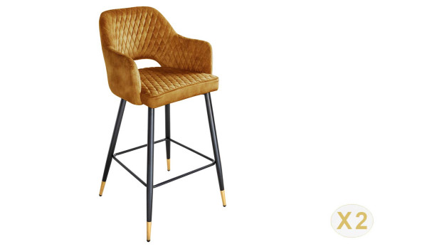 Tabouret de bar confortable en velours jaune moutarde