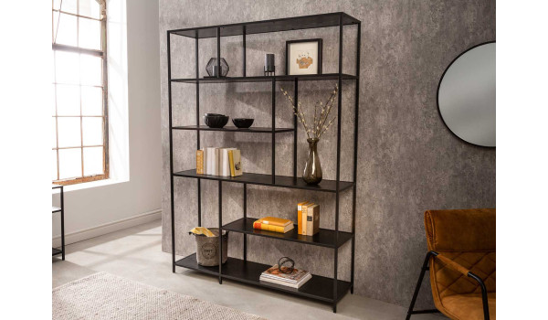 Grande étagère haute en bois frêne foncé et métal noir