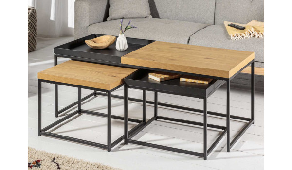 Table basse, une + deux emboîtables chêne et noir