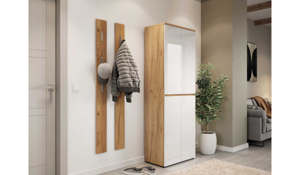 Armoire d'entrée blanche et bois, 10 rangements