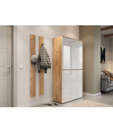 Armoire d'entrée blanche et bois, 20 rangements