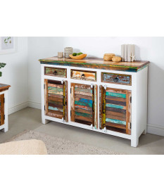 Buffet blanc et bois recyclé coloré