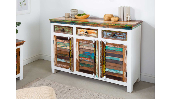 Buffet blanc et bois recyclé coloré