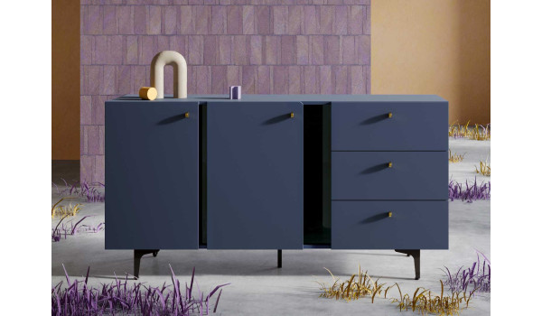Meuble buffet bleu marine 2 portes 3 tiroirs