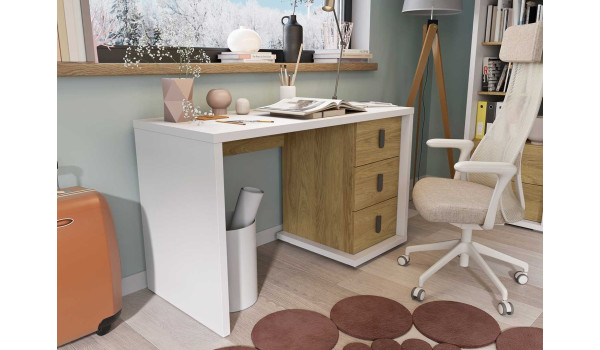 Bureau blanc alpin et décor chêne 3 tiroirs