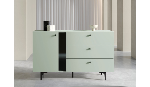 Buffet vert sauge 1 porte 3 tiroirs 138 cm