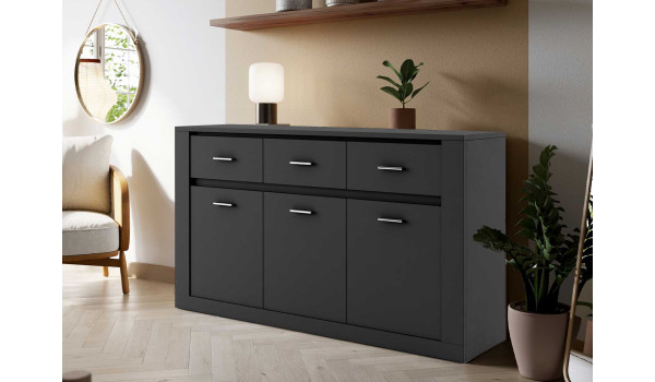 Buffet noir 3 portes 3 tiroirs 160 cm