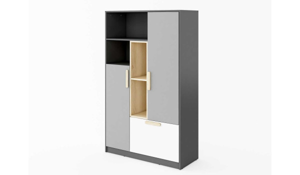 Meuble de rangement gris, blanc et bois