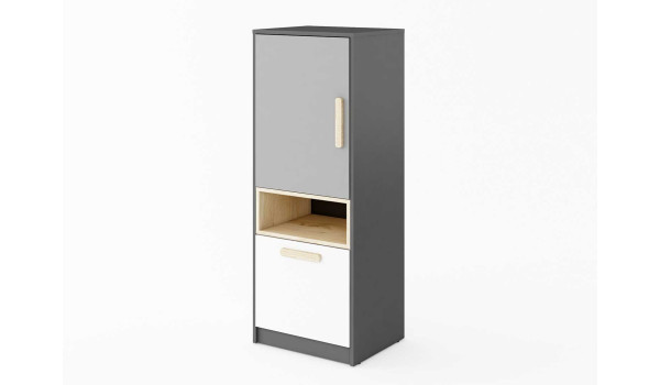 Petit meuble de rangement gris, blanc et bois