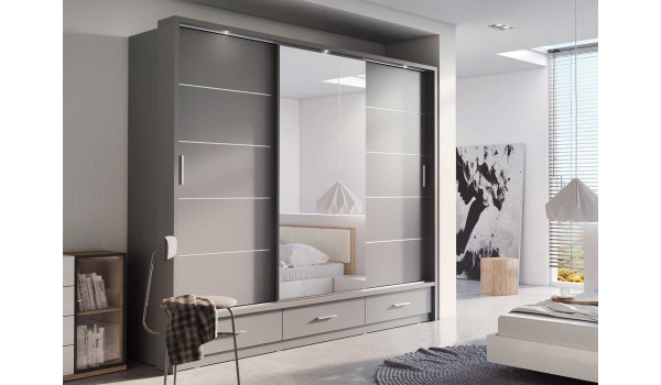 Grande armoire Grise coulissante avec miroir