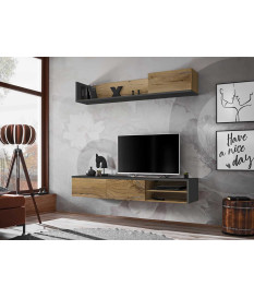 Meuble Télé mural gris anthracite et chêne 180 cm