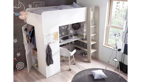 Lit mezzanine 1 place, bureau et rangement