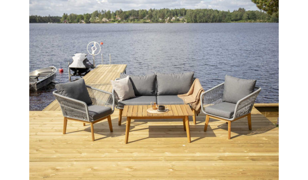 Banquette fauteuil et table de jardin gris et bois