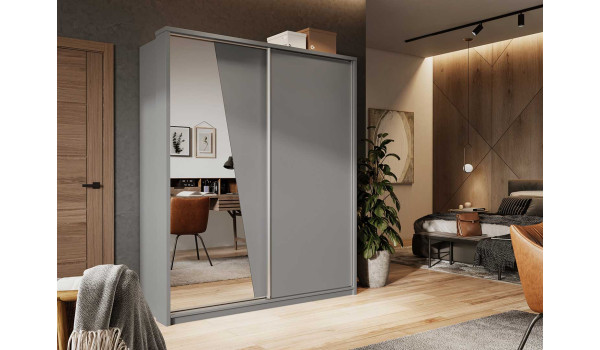 Armoire 2 portes coulissantes grise avec miroir asymétrique