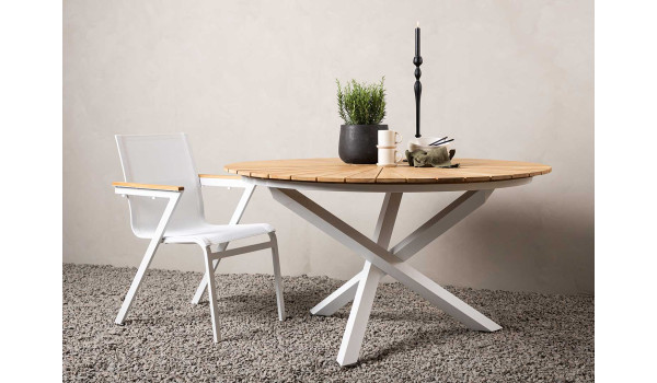 Table de jardin ronde 140 cm blanche et teck
