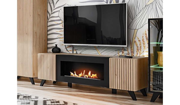 Meuble TV cheminée bio éthanol noir et bois