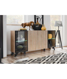 Buffet 160 cm noir et bois et led blanc