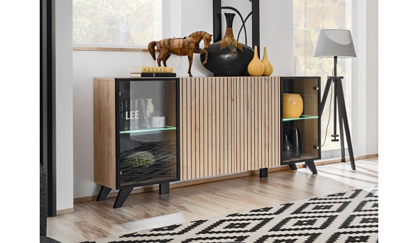 Buffet 160 cm noir et bois et led blanc