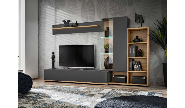 Meuble TV et vitrine murale gris anthracite et bois