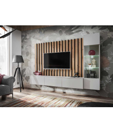 Meuble TV mural gris perle et tasseaux noir