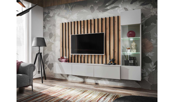 Meuble TV mural gris perle et tasseaux noir