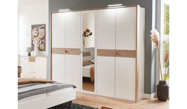 Armoire 5 portes blanc et chêne hickory