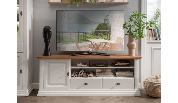 Meuble télé 178 cm pin blanc et chêne huilé