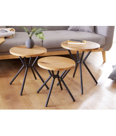 Lot de 3 tables basses en chêne et métal