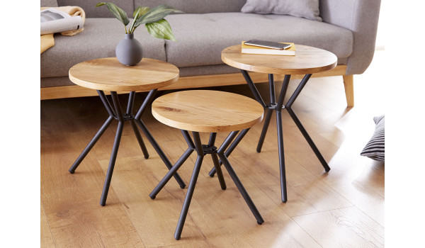 Lot de 3 tables basses en chêne et métal
