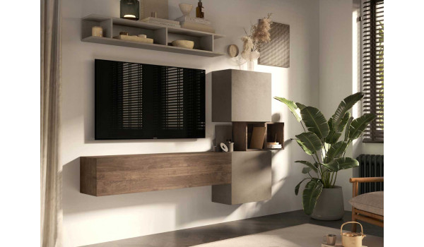 Ensemble TV contemporain argile et chêne mercure