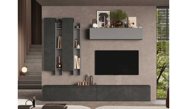 Composition TV contemporaine gris graphite et ardoise