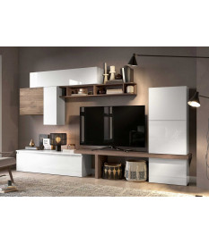 Composition tv blanc brillant et bois foncé