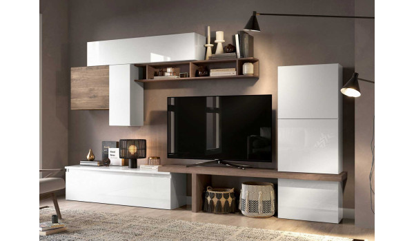 Composition tv blanc brillant et bois foncé