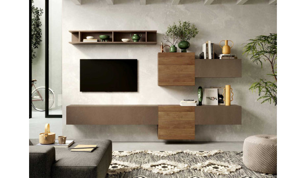 Meuble TV mural bois foncé et bronze